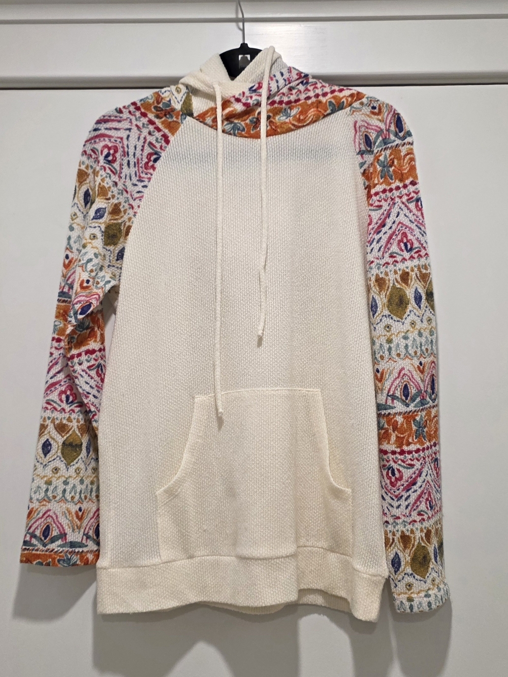 Cream Hoodie with Multicolored Patterned Raglan Sleeves